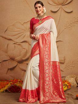 Odette - Silk Blend Off White And Red Woven Designer Saree with Unstitched Blouse