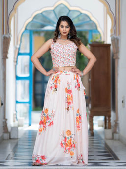 Odette - Off White Printed Silk Blend Semi Stitched Lehenga with Unstitched Blouse (Set of 2)