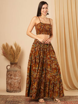 Globus - Mustard Floral Printed Strappy Shoulder Smocked Crop Top & Skirt (Set of 2)