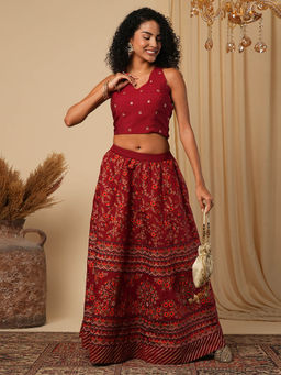 Globus - Maroon Halter Neck Embroidered Stylised Back Blouse with Lehenga (Set of 2)