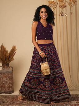 Globus - Purple Halter Neck Embroidered Stylised Back Blouse with Lehenga (Set of 2)
