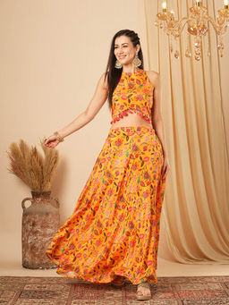 Globus - Yellow Floral Printed Halter Neck Tassel Detailing Crop Top & Skirt (Set of 2)