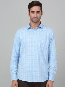 Cantabil - Men Sky Blue Checkered Full Sleeves Casual Shirt