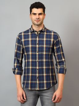 Cantabil - Men Navy Blue Checkered Full Sleeves Casual Shirt