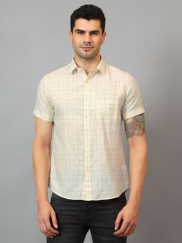 Cantabil - Men Yellow Checkered Half Sleeves Casual Shirt