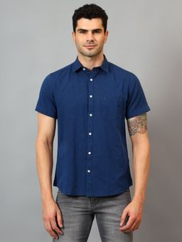 Cantabil - Men Navy Blue Solid Half Sleeves Casual Shirt