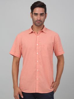 Cantabil - Men Orange Checkered Half Sleeves Casual Shirt