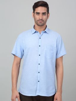 Cantabil - Men Sky Blue Solid Half Sleeves Casual Shirt