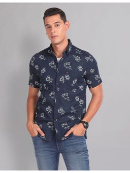 AD By Arvind - Cotton Linen Floral Navy Blue Casual Shirt