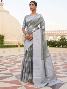 Odette - Women Pure Linen Grey Woven Design Saree with Unstitched Blouse