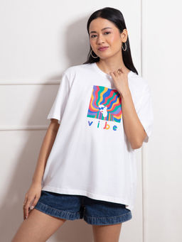 Twenty Dresses by Nykaa Fashion - White Graphic Print Round Neck Oversized T Shirt