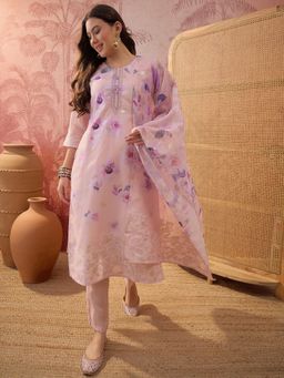 Four Steps - Pink Floral Printed Jacquard Kurta with Pant and Dupatta