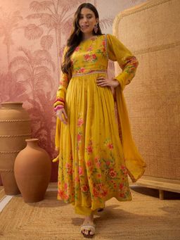 Four Steps - Yellow Digital Printed Anarkali Kurta with Pant and Dupatta