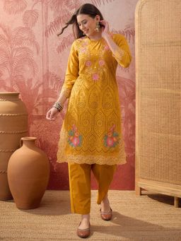 Four Steps - Mustard Pure Schiffli Embroidered Kurta with Pant