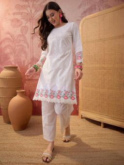 Four Steps - Off White Pure Schiffli Embroidered Kurta with Pant