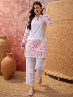 Four Steps - Off White Pure Cotton Schiffli Embroidered Kurta with Pant