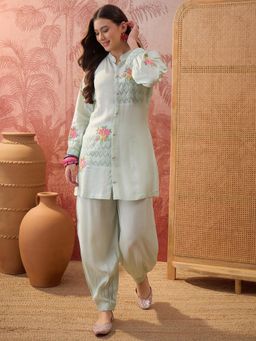 Four Steps - Light Blue Embroidered Shirt Style Kurti with Salwar Pant