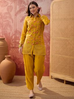 Four Steps - Mustard Embroidered Shirt Style Kurti with Pant