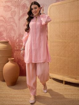 Four Steps - Pink Chanderi Cotton Embroidered Kurti with Salwar Pant