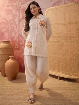 Four Steps - Beige Schiffli Embroidered Kurti with Salwar Pant