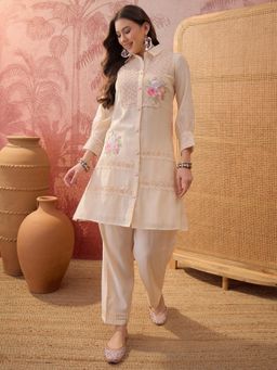Four Steps - Beige Chanderi Cotton Schiffliy Kurta with Pant