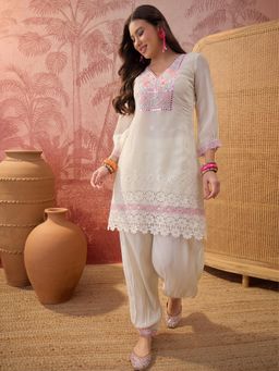 Four Steps - Off White Chanderi Schiffliy Kurta with Salwar Pant