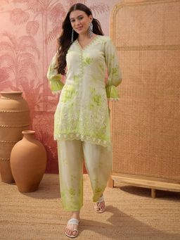 Four Steps - Green Printed and Schiffliy Embroidered Co-Ord Set