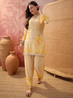 Four Steps - Orange Printed and Schiffliy Embroidered Co-Ord Set