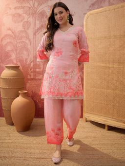 Four Steps - Pink Printed and Schiffliy Embroidered Co-Ord Set