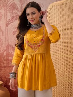 Four Steps - Mustard Embroidered Short Top