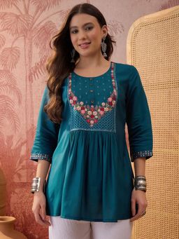 Four Steps - Teal Embroidered Short Top