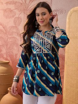 Four Steps - Blue Leheriya Printed Embroidered Top