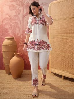 Four Steps - Off White Embroidered Rayon Co-Ord Set