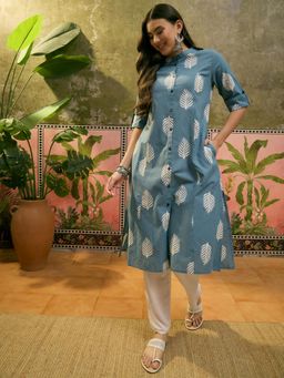 Four Steps - Teal Flower Printed Aline Kurta