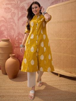 Four Steps - Yellow Flower Printed Aline Kurta