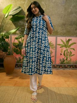 Four Steps - Blue Flower Printed Aline Kurta