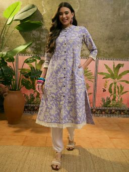 Four Steps - Blue Flower Printed Aline Kurta