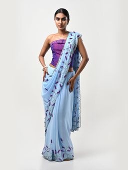 Kiash Hastshilpa - Lavender Fields: Pure Chiffon Hand Embroidery Saree with Unstitched Blouse
