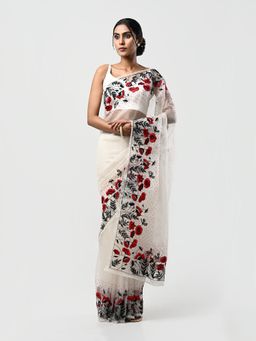Kiash Hastshilpa - Poppies: Resham Thread Work Hand Embroidery Saree with Unstitched Blouse