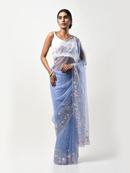 Kiash Hastshilpa - Sadabahar: Zardozi French Knots Hand Embroidery Saree with Unstitched Blouse
