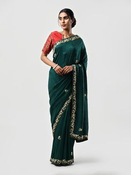 Kiash Hastshilpa - Mudita: Pure Mulberry Silk Zardozi Hand Embroidery Saree with Unstitched Blouse