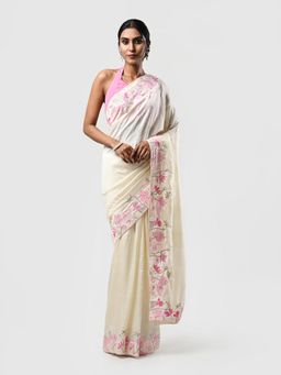 Kiash Hastshilpa - Saras: Pure Mulberry Kashmiri Resham Hand Embroidery Saree with Unstitched Blouse