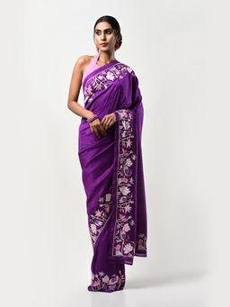 Kiash Hastshilpa - Saras: Pure Mulberry Kashmiri Resham Hand Embroidery Saree with Unstitched Blouse