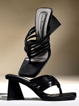 Louis Stitch - Women Black Weaved T-Strap Block Lightweight Sandal Heels