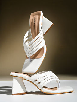Louis Stitch - Women White Weaved T-Strap Block Lightweight Sandal Heels