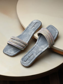 Louis Stitch - Women Silver & Blue Shiny Strap Flats