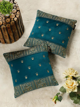 HOSTA HOMES - Soft Velvet Geometric Embellished Cushion Covers Teal (Pack of 2) (16x16 Inches)