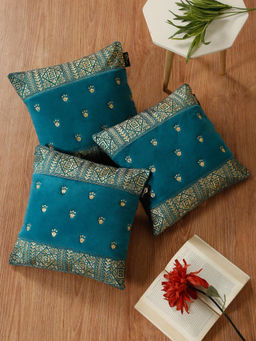 HOSTA HOMES - Soft Velvet Geometric Embellished Cushion Covers Teal (Pack of 3) (16x16 Inches)