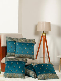 HOSTA HOMES - Soft Velvet Geometric Embellished Cushion Covers Green (Pack of 5) (16x16 Inches)