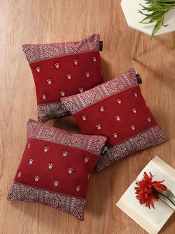 HOSTA HOMES - Soft Velvet Geometric Embellished Cushion Covers Maroon (Pack of 3) (16x16 Inches)